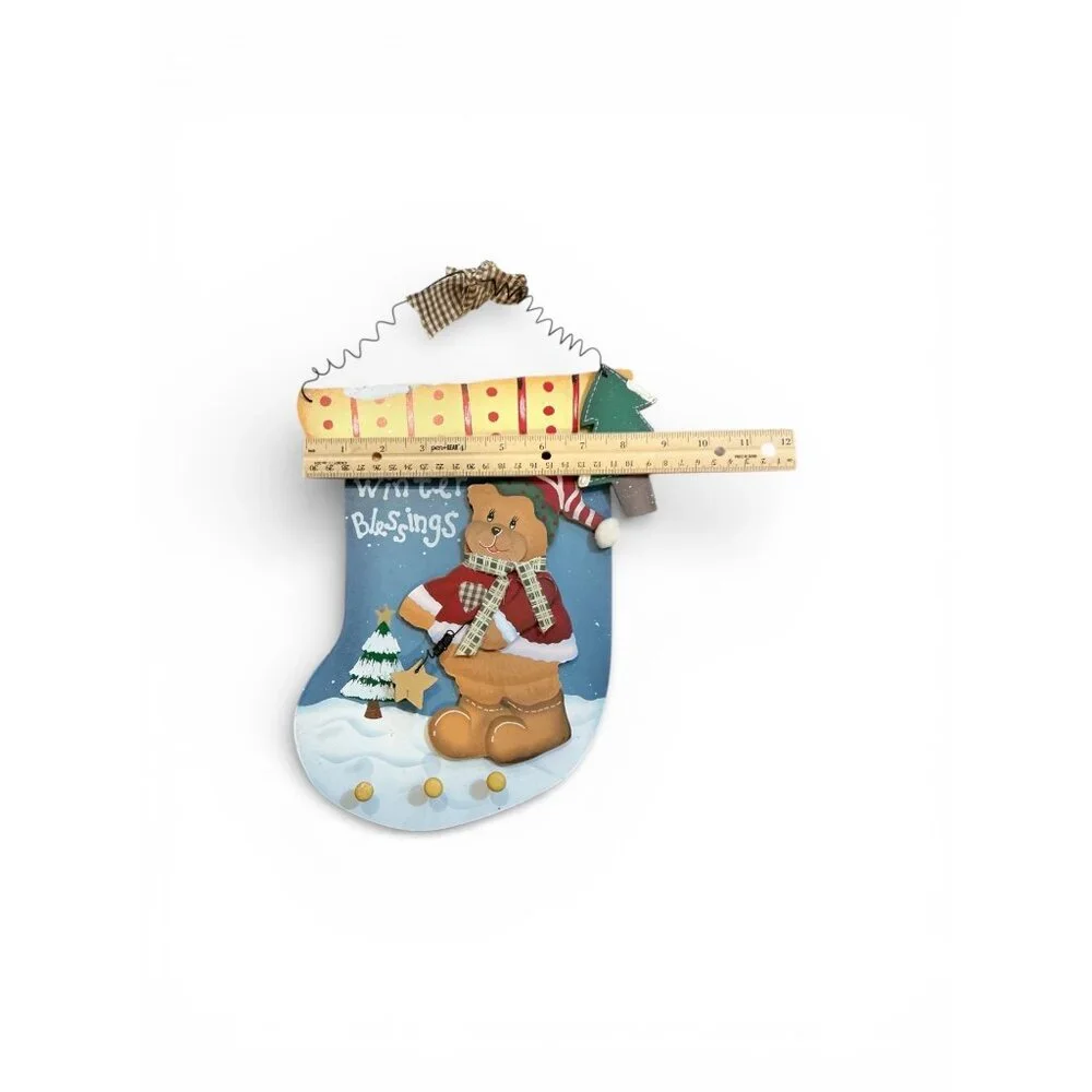 Christmas Winter Blessings Decorative‎ Wooden Stocking Wall Hanging With Bear